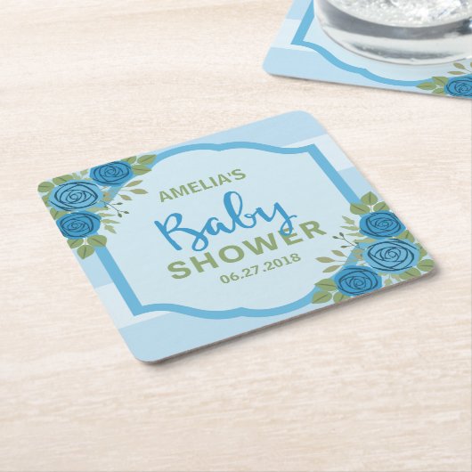 Stripes en Rozen Blue Boy Baby shower Kartonnen Onderzetters (Schuin)