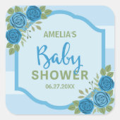 Stripes en Rozen Blue Boy Baby shower Vierkante Sticker (Voorkant)