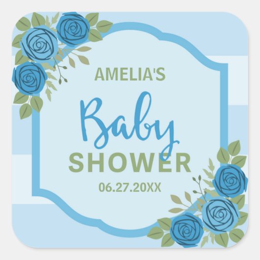 Stripes en Rozen Blue Boy Baby shower Vierkante Sticker (Voorkant)