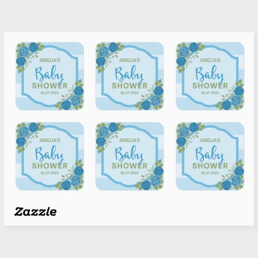 Stripes en Rozen Blue Boy Baby shower Vierkante Sticker (Vel)