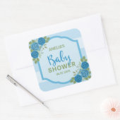 Stripes en Rozen Blue Boy Baby shower Vierkante Sticker (Envelop)