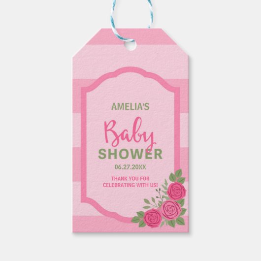 Stripes en Rozen Roze Baby shower Cadeaulabel (Voorkant)
