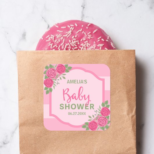 Stripes en Rozen Roze Baby shower Vierkante Sticker