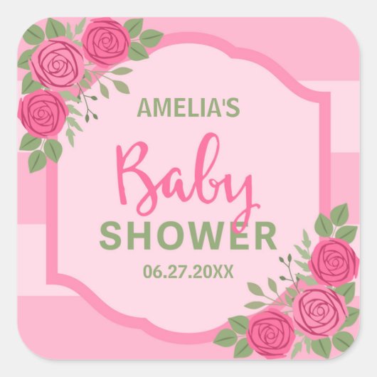 Stripes en Rozen Roze Baby shower Vierkante Sticker (Voorkant)