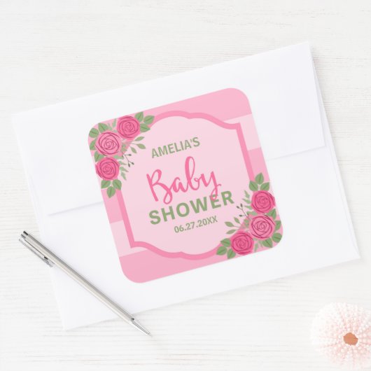 Stripes en Rozen Roze Baby shower Vierkante Sticker (Envelop)
