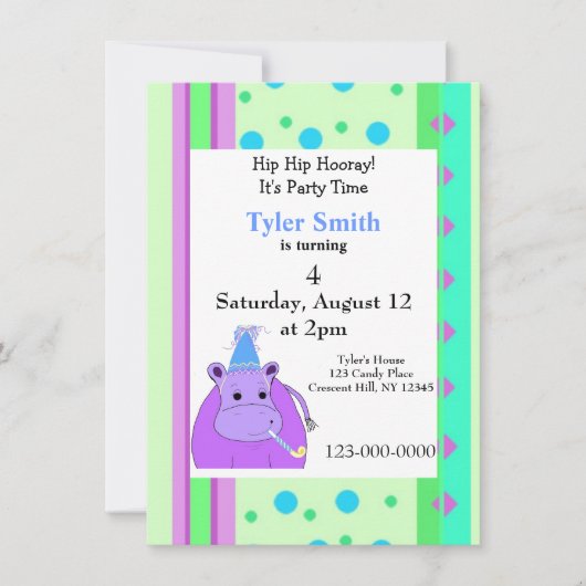 Stripes en Stippen Hippo Birthday Invitation Kaart (Voorkant)