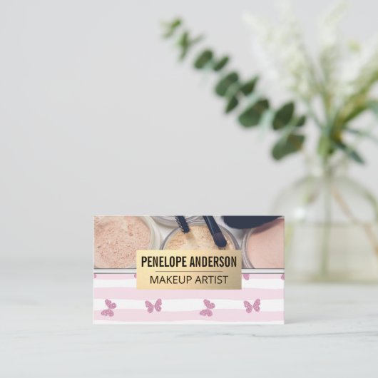 Stripes en vlinder | Makeup Palette en Penselen Visitekaartje (Staand voorkant)
