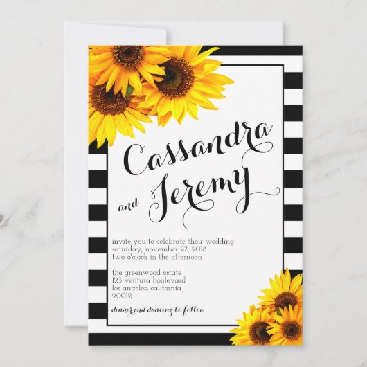 Stripes en Yellow Sunflower Wedding Invitation Kaart (Voorkant)