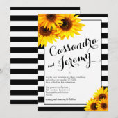 Stripes en Yellow Sunflower Wedding Invitation Kaart (Voorkant / Achterkant)