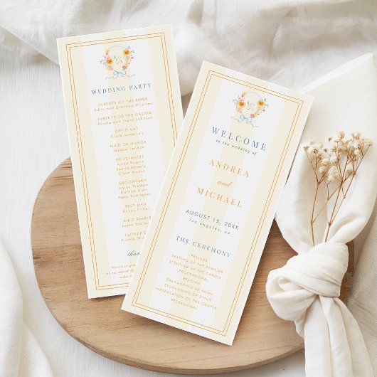 Stripes Floral Crest Monogram & Bow Spring Wedding Programmakaart