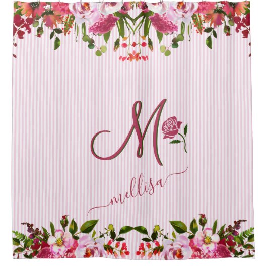 Stripes Floral Garden Pink Aangepaste monogram Naa Douchegordijn (Voorkant)