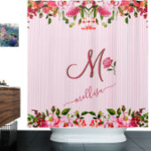 Stripes Floral Garden Pink Aangepaste monogram Naa Douchegordijn
