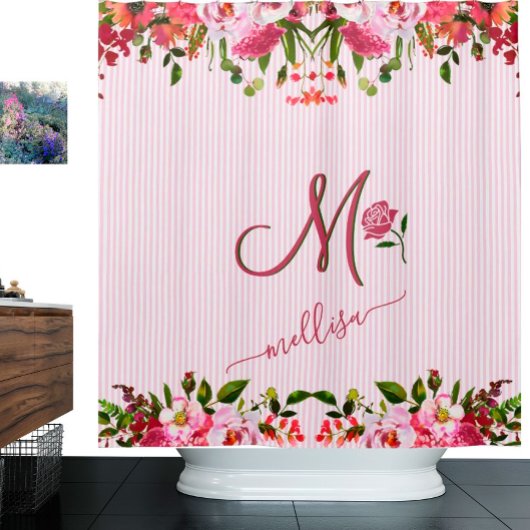 Stripes Floral Garden Pink Aangepaste monogram Naa Douchegordijn