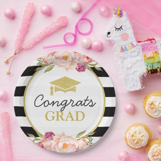 Stripes Floral Gold Congrats Afstudeerder Graduati Papieren Bordje (Feest)