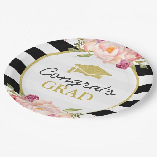 Stripes Floral Gold Congrats Afstudeerder Graduati Papieren Bordje (Gekanteld)