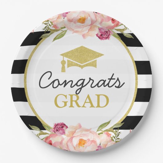 Stripes Floral Gold Congrats Afstudeerder Graduati Papieren Bordje (Voorkant)