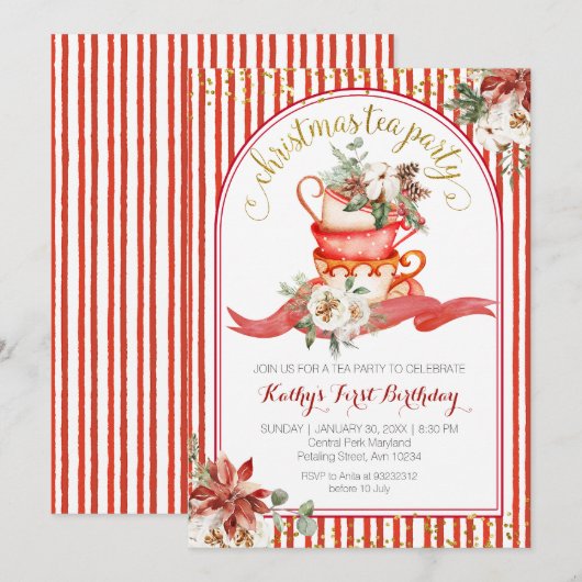 Stripes Floral Red Plaid Winter Birthday Floral Kaart (Voorkant / Achterkant)