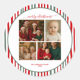 Stripes four family Photo merry Christmas Ronde Sticker