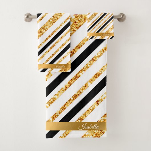Stripes Gold Glitter Black Boho Popular Collectie Bad Handdoek (Insitu)