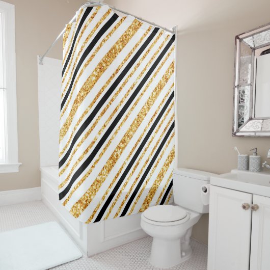 Stripes Gold Glitter Black Boho Popular Collectie Douchegordijn (In situ)