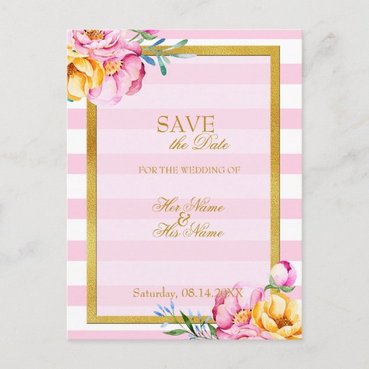 Stripes Gold Lijst Flower Wedding Save the Date Aankondigingskaart (Voorkant)
