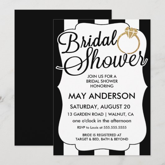 Stripes Gouden Glitter Ring Bruids Douche Uitnodig Kaart (Voorkant / Achterkant)