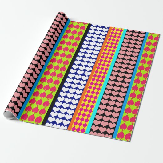 Stripes Hearts Diamonds Boho Gemengd ontwerp Cadeaupapier (Uitgerold)