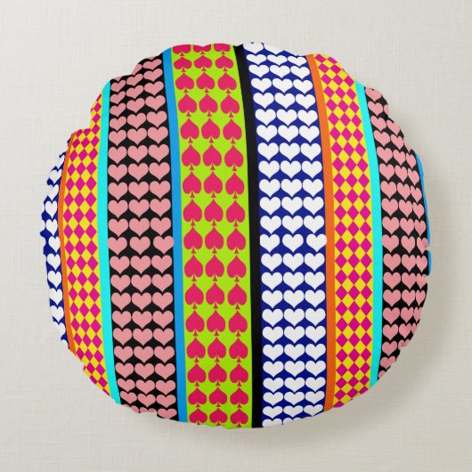Stripes Hearts Diamonds Boho Gemengd ontwerp Rond Kussen (Voorkant)