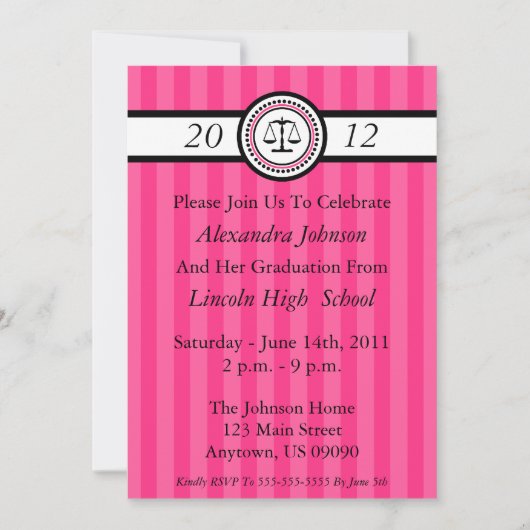 Stripes Law School Graduation Invitations Hot Pink Kaart (Voorkant)