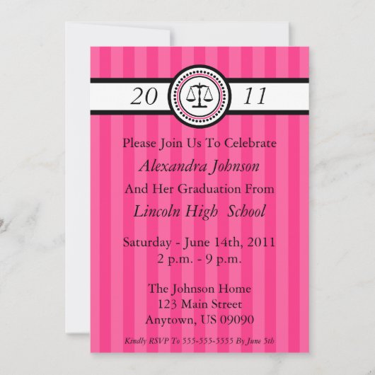 Stripes Law School Graduation Invitations Hot Pink Kaart (Voorkant)