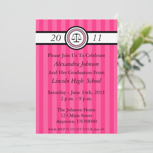 Stripes Law School Graduation Invitations Hot Pink Kaart (Staand voorkant)
