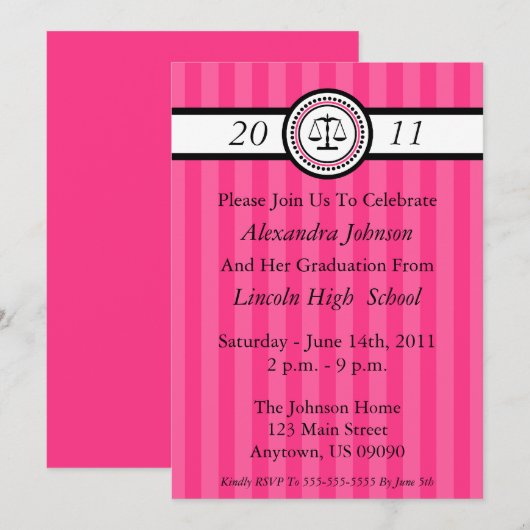 Stripes Law School Graduation Invitations Hot Pink Kaart (Voorkant / Achterkant)