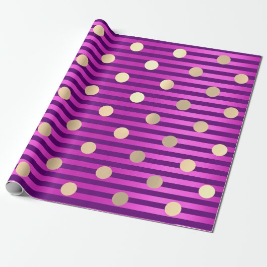 Stripes Line Fuchsia Pink Paarse Polka Dots Gold Cadeaupapier (Uitgerold)