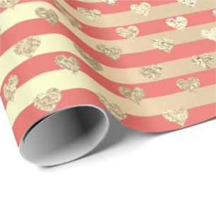 Stripes Lines Harten Champagne Goud Koraal Perzik Cadeaupapier