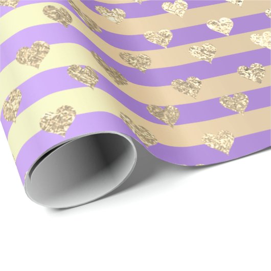 Stripes Lines Hearts Champaigne Gold Paars Cadeaupapier (Rol Hoek)