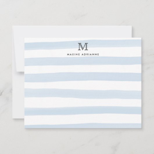 Stripes Monogram Baby Blauw Waterverf Modern Chic Notitiekaartje (Voorkant)