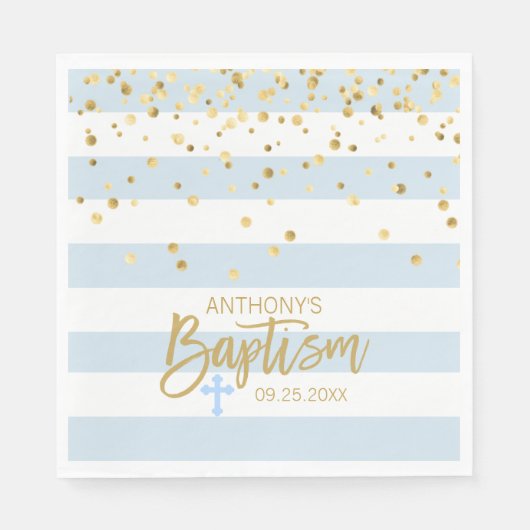 Stripes Pastel Blue Gold BOY BAPTISM Luncheon Servet (Voorkant)