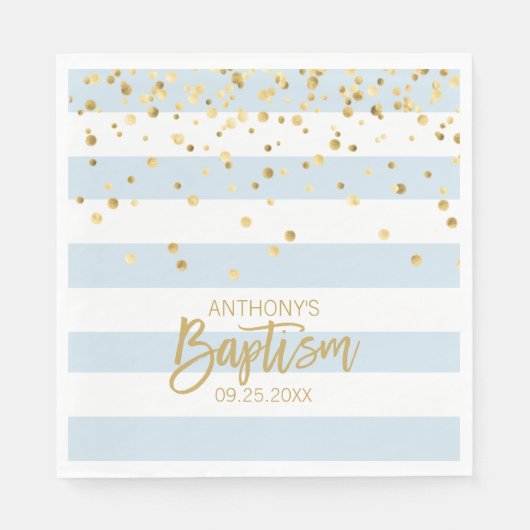 Stripes Pastel Blue Gold BOY BAPTISM Luncheon Servet (Voorkant)