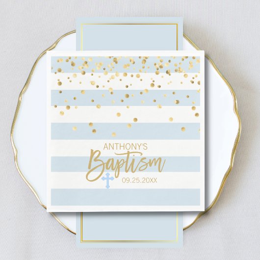 Stripes Pastel Blue Gold BOY BAPTISM Luncheon Servet