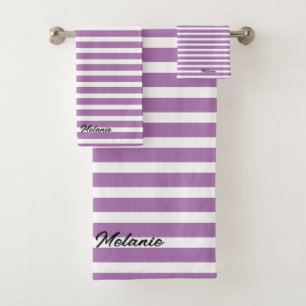 Stripes Patroon Aangepaste naam Paarse Lavendel Wi Bad Handdoek