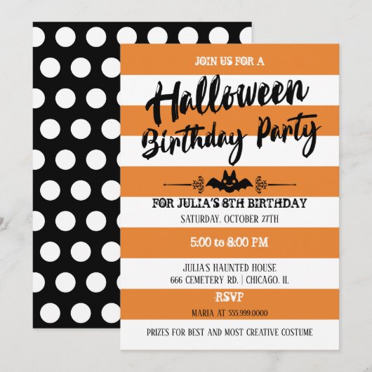 Stripes & Polka Dots Halloween Birthday Party Kaart (Voorkant / Achterkant)