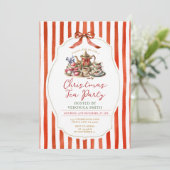Stripes Red Bow Christmas Vintage Tea Party Kaart (Staand voorkant)