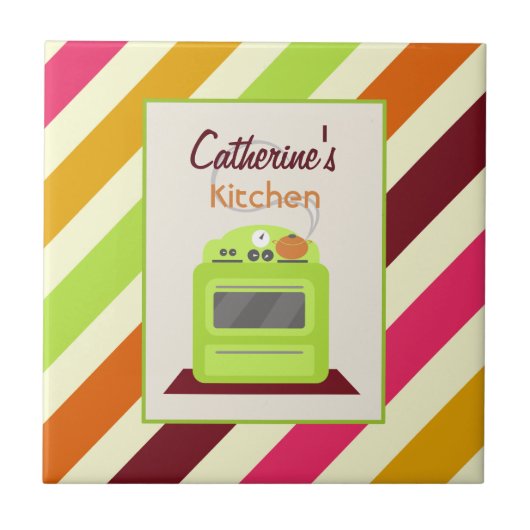Stripes & Retro Green Stove Kitchen Tile Tegeltje (Voorkant)