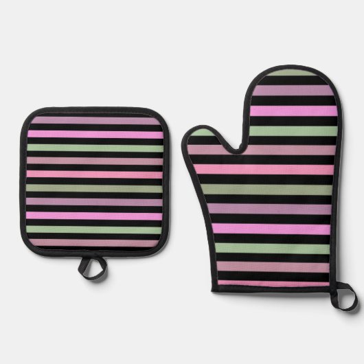 Stripes, roze, groene stropdas ovenwant & pannenlap set (Voorkant)