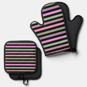 Stripes, roze, groene stropdas ovenwant & pannenlap set (Voorkant / Achterkant)