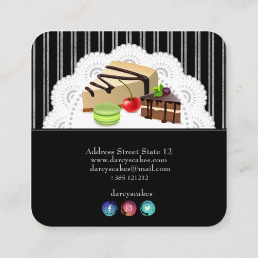 Stripes Silver Black Lace en Cakes Vierkante Visitekaartje (Achterkant)