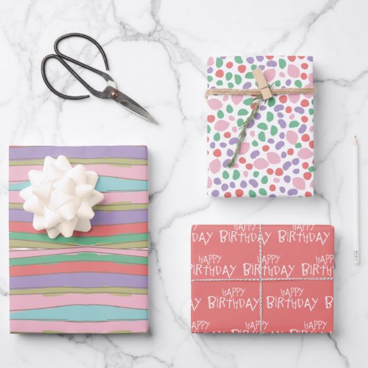 Stripes Stippen en Happy Birthday Lettering Inpakpapier Vel (Voorkant)