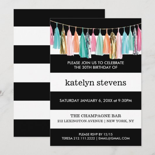Stripes Tassel Garland Birthday Party Invitation Kaart (Voorkant / Achterkant)