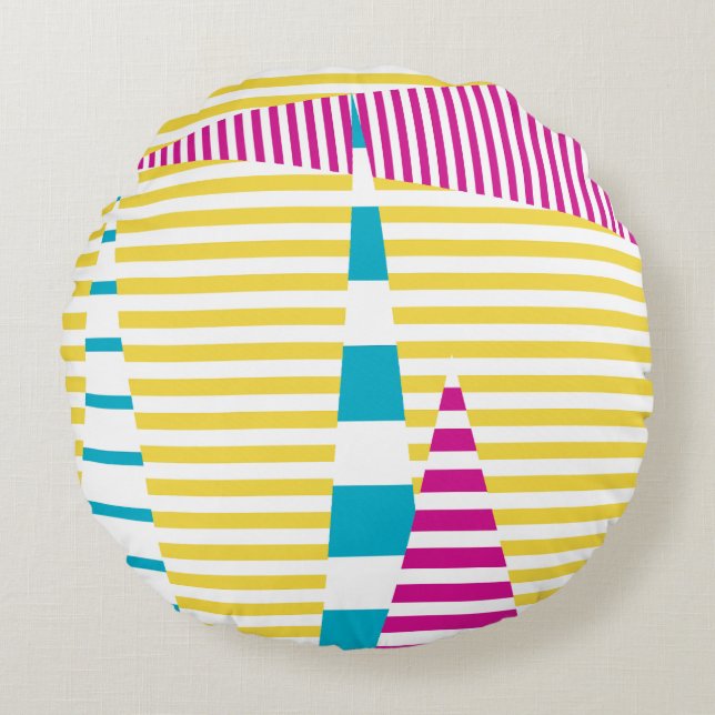 Stripes — Turquoise, Geel en Roze Rond Kussen (Voorkant)