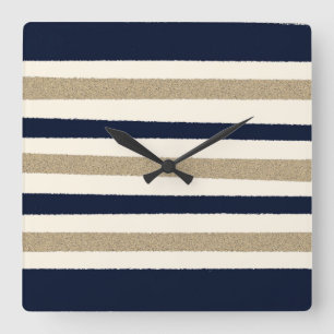 Stripes van Navy/Beige Papier Vierkante Klok